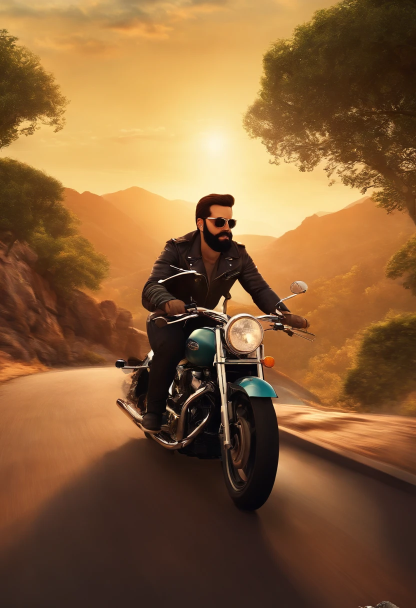 a Disney Pixar style 3D poster of 30-year-old dark brunette man with black beard and glasses, usando um colete de couro sem manga de moto clube e pilotando uma shadow 750 preta em um passeio de motocicleta em estrada de montanhas