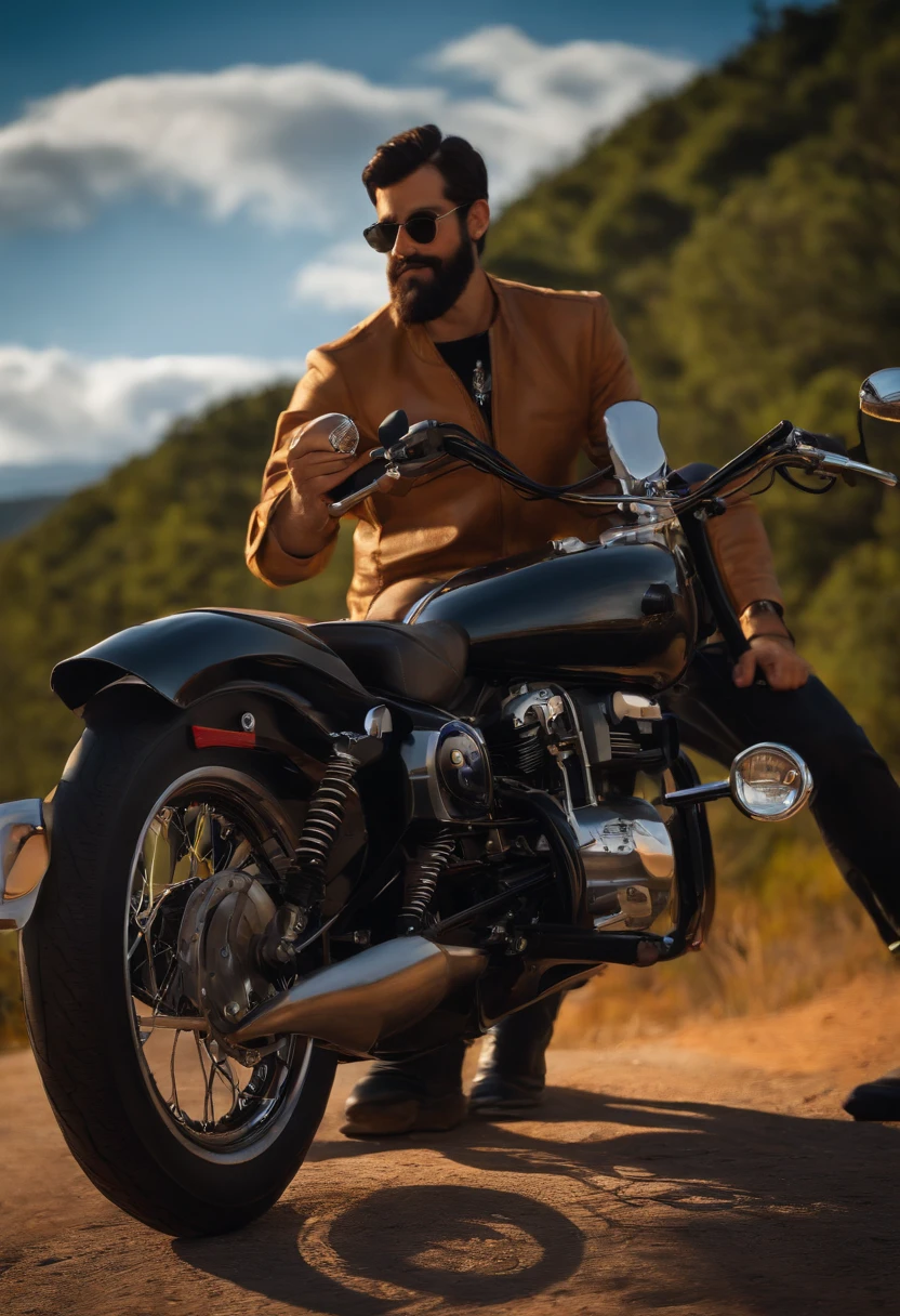 a Disney Pixar style 3D poster of 30-year-old dark brunette man with black beard and glasses, usando um colete de couro sem manga de moto clube e pilotando uma shadow 750 preta em um passeio de motocicleta em estrada de montanhas