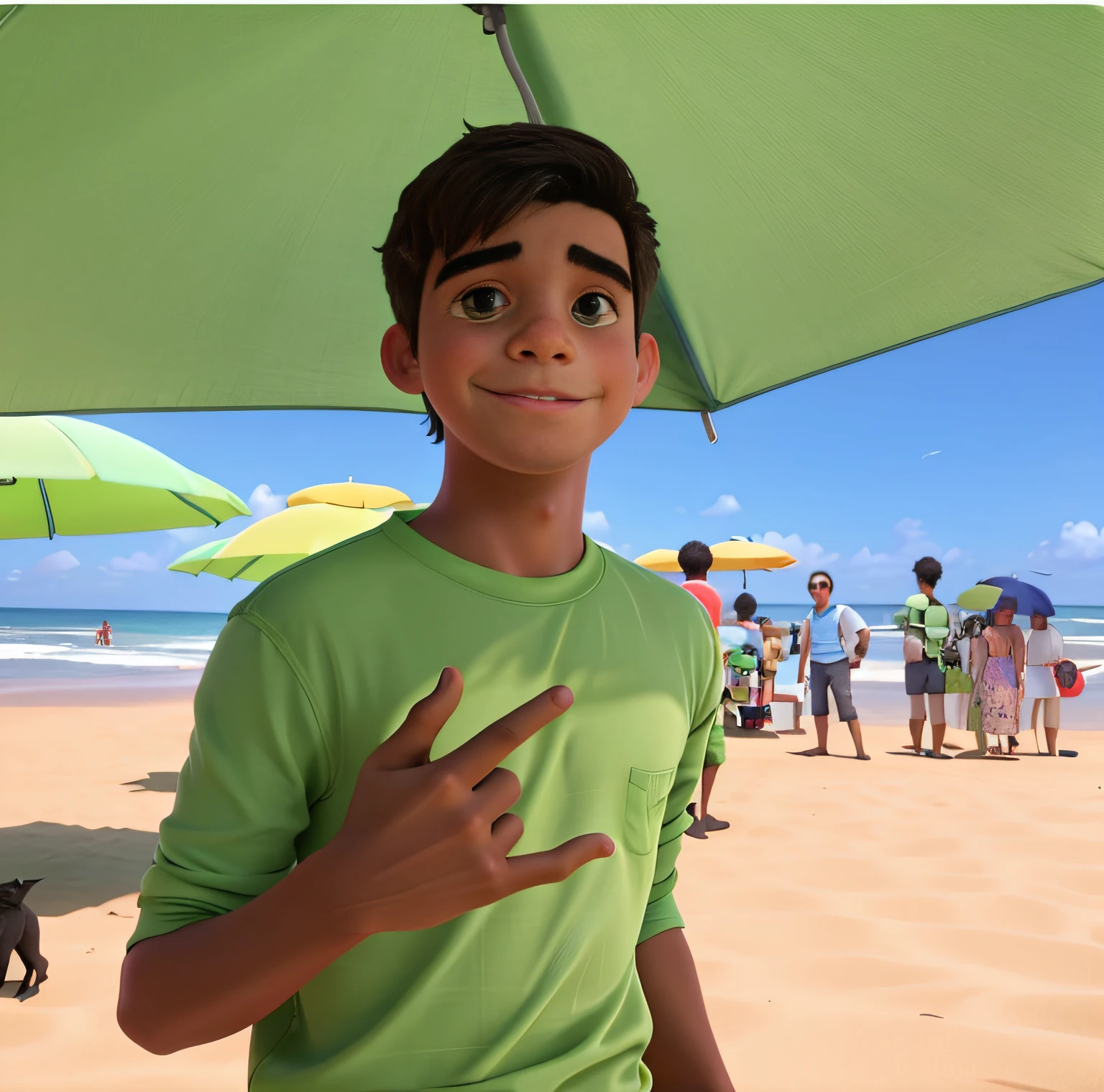 Boy in green shirt standing on the beach with umbrella and people in the background, caio santos, mateus 9 5, foto de perfil, foto de perfil 1024px, meu filho! the jaws that bite, icaro carvalho, thiago lehmann, cabrito, edu souza, lucas graziano, Nick Silva, andrea rocha, inspirado em Nathan Oliveira