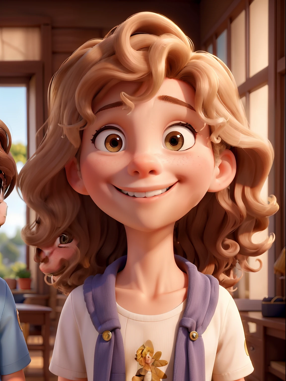 obra prima, de melhor qualidade, A handsome blond boy with a smile on his face and an air of mystery and a girl with delicate and beautiful curly and wavy brown hair, Looking ahead in your direction.