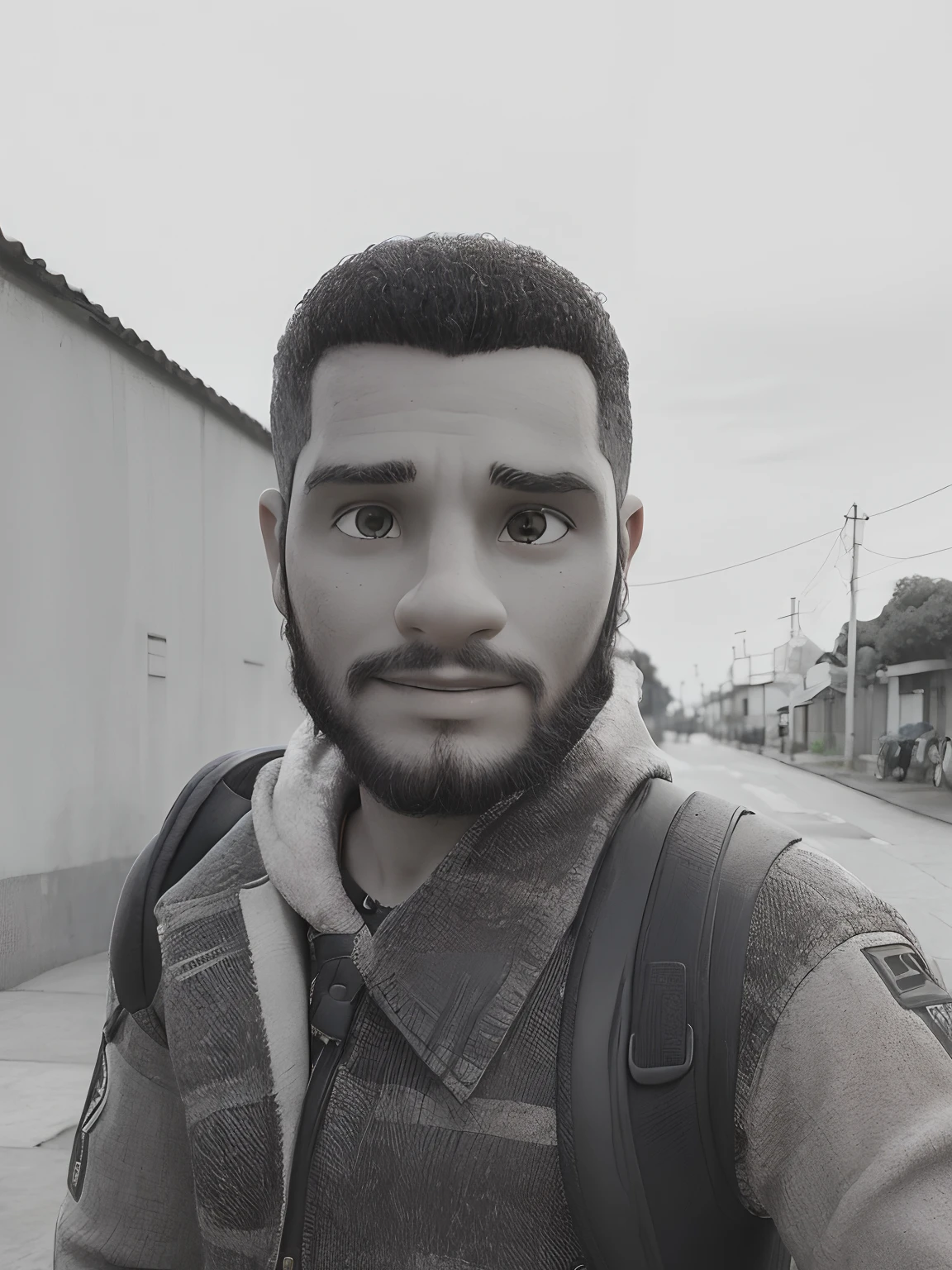 Cabelo enrolado,negro, usando jaqueta, mochila nas costas, barba preta, encima de uma moto vermelha,rua de fundo