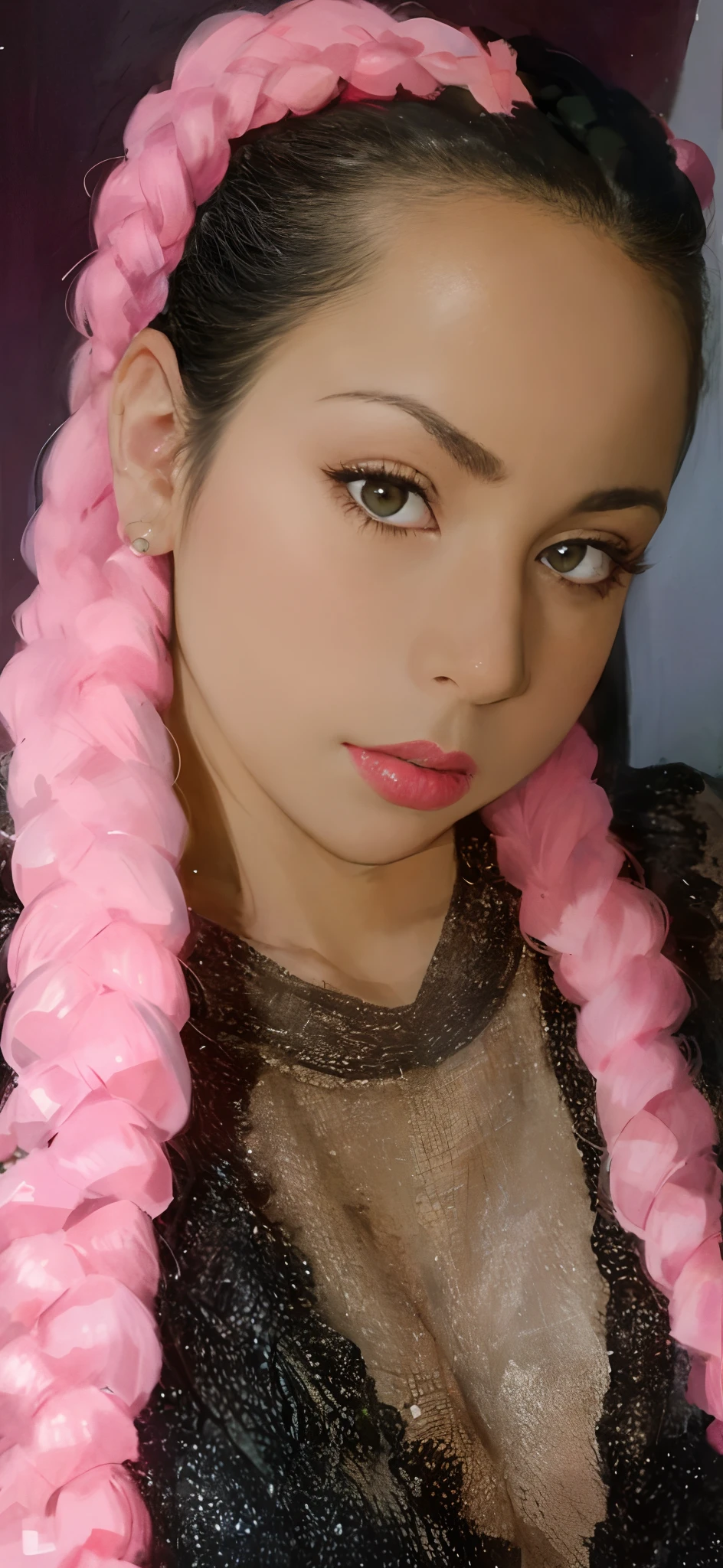 Uma mulher de 30 anos, with long black hair and with pink braids, Dark brown eyes and serious look.