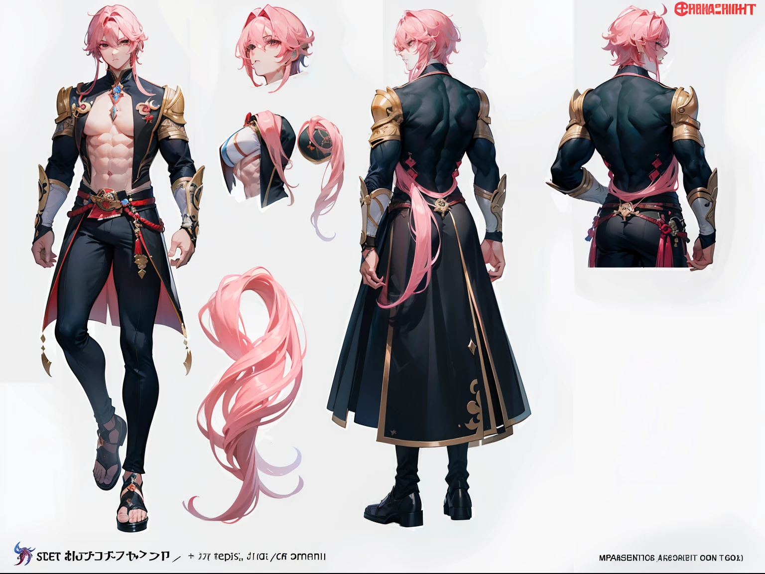 (Masterpiece, best quality), detailed, 1 man, ((character concept art)), ((character design sheet, same character, front, side, back)), full body, body complete, 1 Male angel, 1 Man angel, Detailed face, character design sheet,full bodyesbian, Highly detailed, character sheet, character design, Many parts, dark skin, angel wings, ponytail pink hair, angel outfit, muscle male god, male clothes, masculine, muscle man, male muscle, manly, male angel, Muscle male ponytail pink hair,beautiful man, beautiful muscle man, abs, pectoral muscle