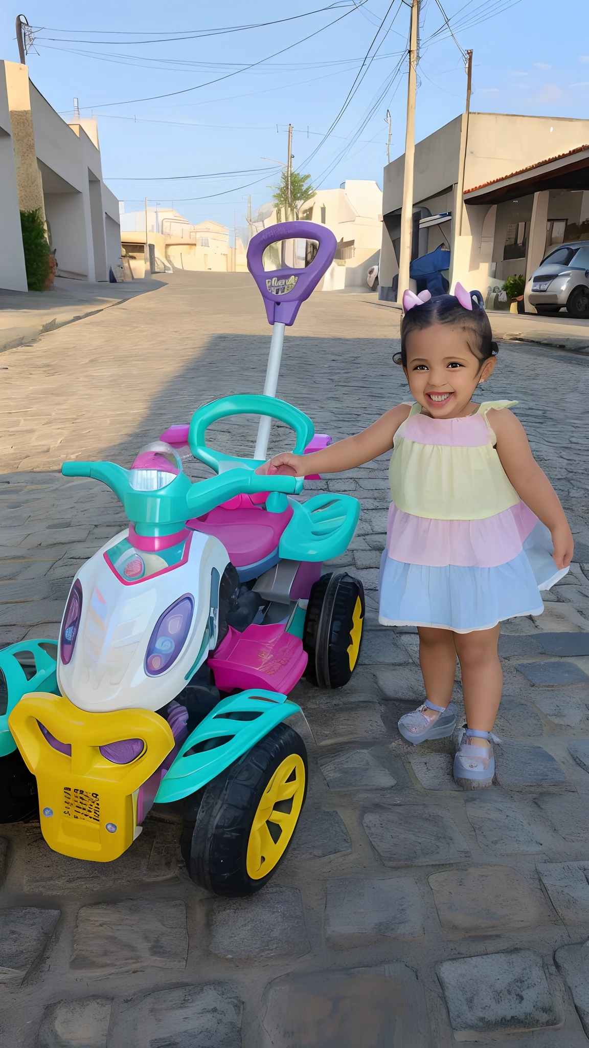 Arafed child standing next to a toy car on a cobblestone road, Directed by: Nandor Soldier, cabrito, Directed by: Felipe Seade, 2 anos, Directed by: Emerson Silva, ela expressando alegria, Crisa secular, Adriana DXIM, she is smiling and excited, 🤬 🤮 💕 🎀, by Amelia Peláez, charrete