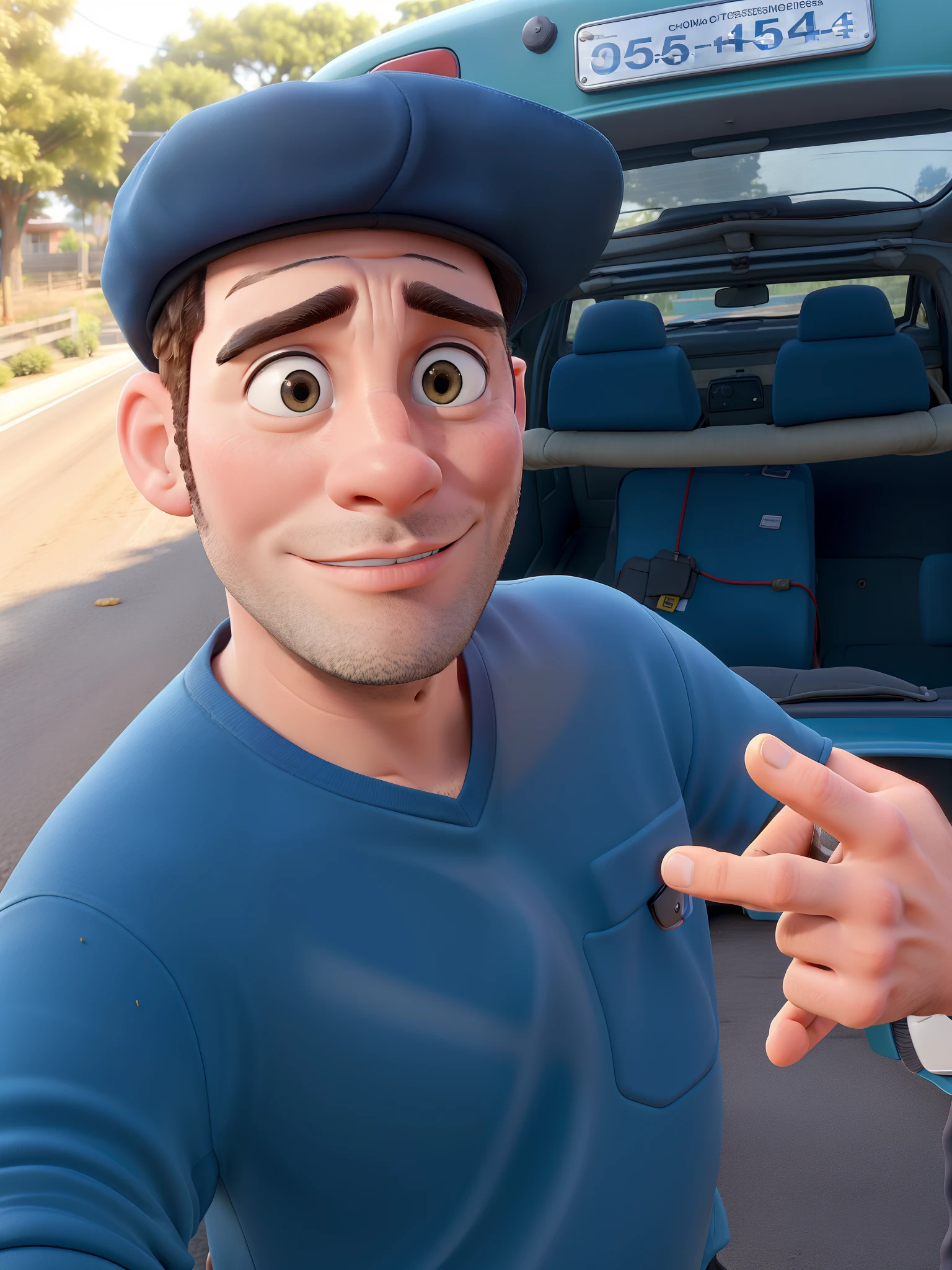 Obra-prima, de melhor qualidade, A man in a cap in front of a car with stereo on