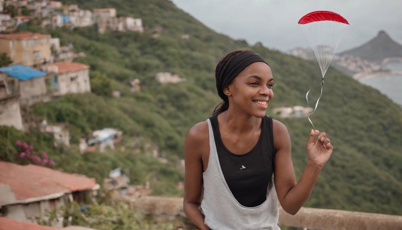 menino negro de periferia, with a cap and wearing adidas and nike clothes, She's happy in the favela of Rio de Janeiro flying a kite