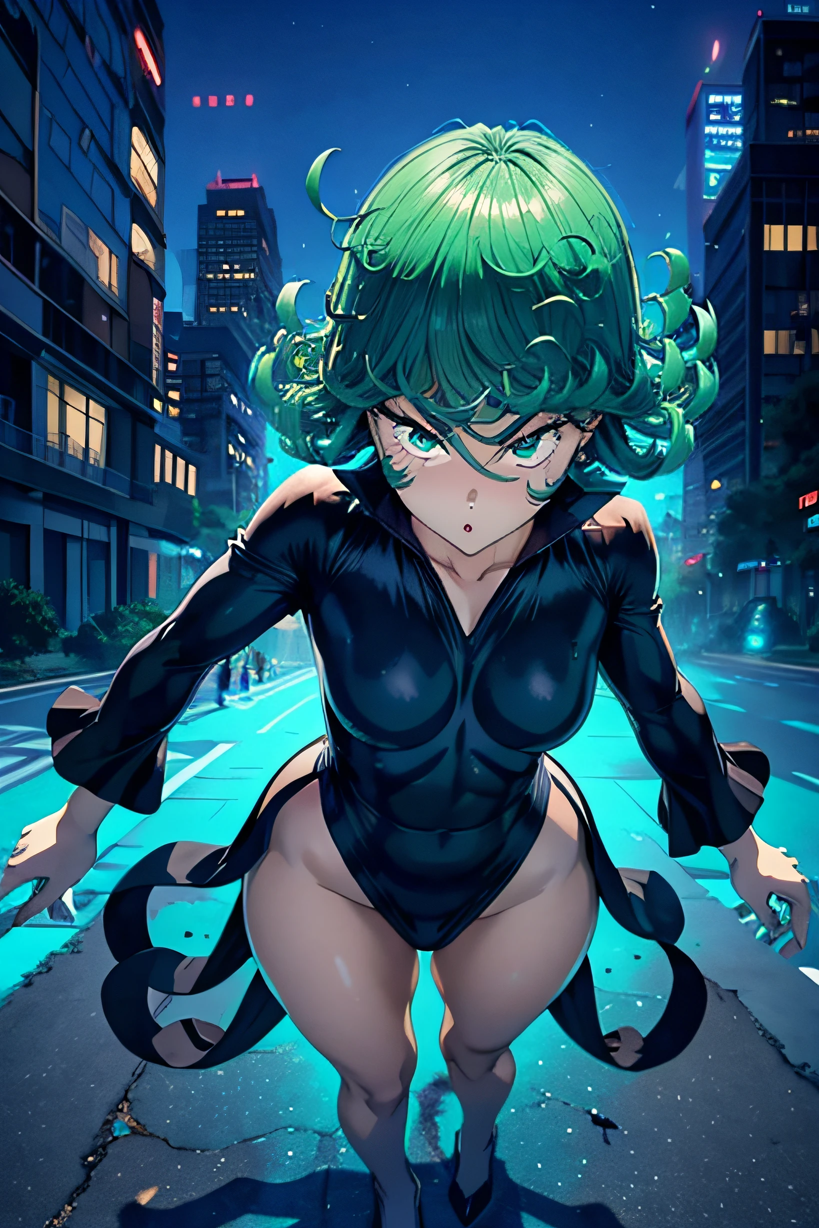 tatsumaki de um homem de soco, cabelo verde curto, olhos verdes, peito pequeno, vestindo vestido preto de gola V, talons, whole body view, Standing in a destroyed city, dynamic pose, pernas musculosa, cintura fina, musculo na barriga, bunda grande, (((foto de corpo inteiro))), eye reflection, glowing eyes, glowing eyes, sulking, anime, Minimalism, anime style, ray tracing, cinematic lighting, cinematic lighting, sparkle, sparkle, jpeg artifacts, glowing light, god rays, ray tracing, drop shadow, panorama, Sony FE, UHD, masterpiece, ccurate, ccurate, anatomically correct, super detail, high quality, best quality, highres, 16k