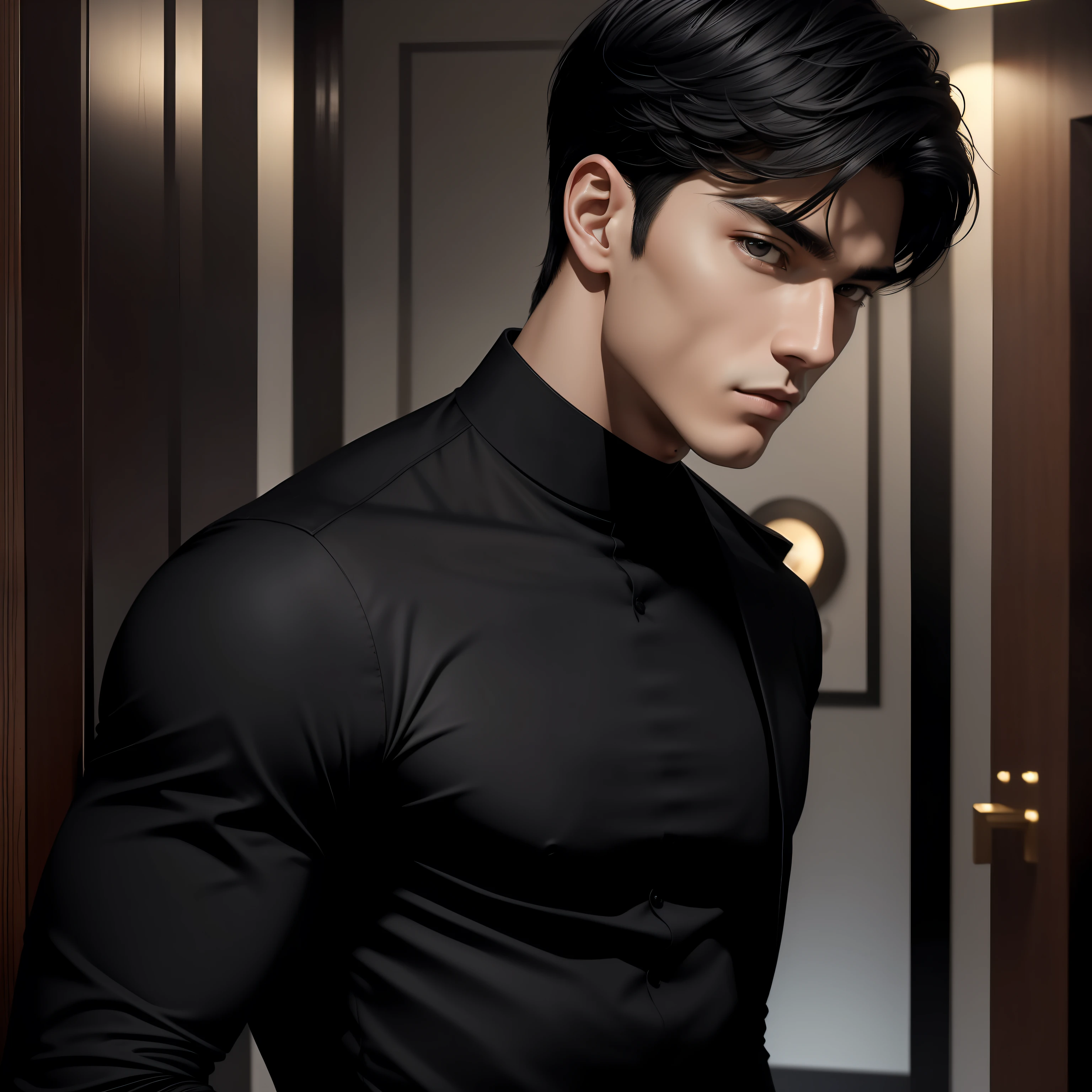 (Masterpiece) 8K resolution, top quality, he is around 20 years old, tall, toned body, jet black hair, jet black eyes, attractive, straight clothes hunter,