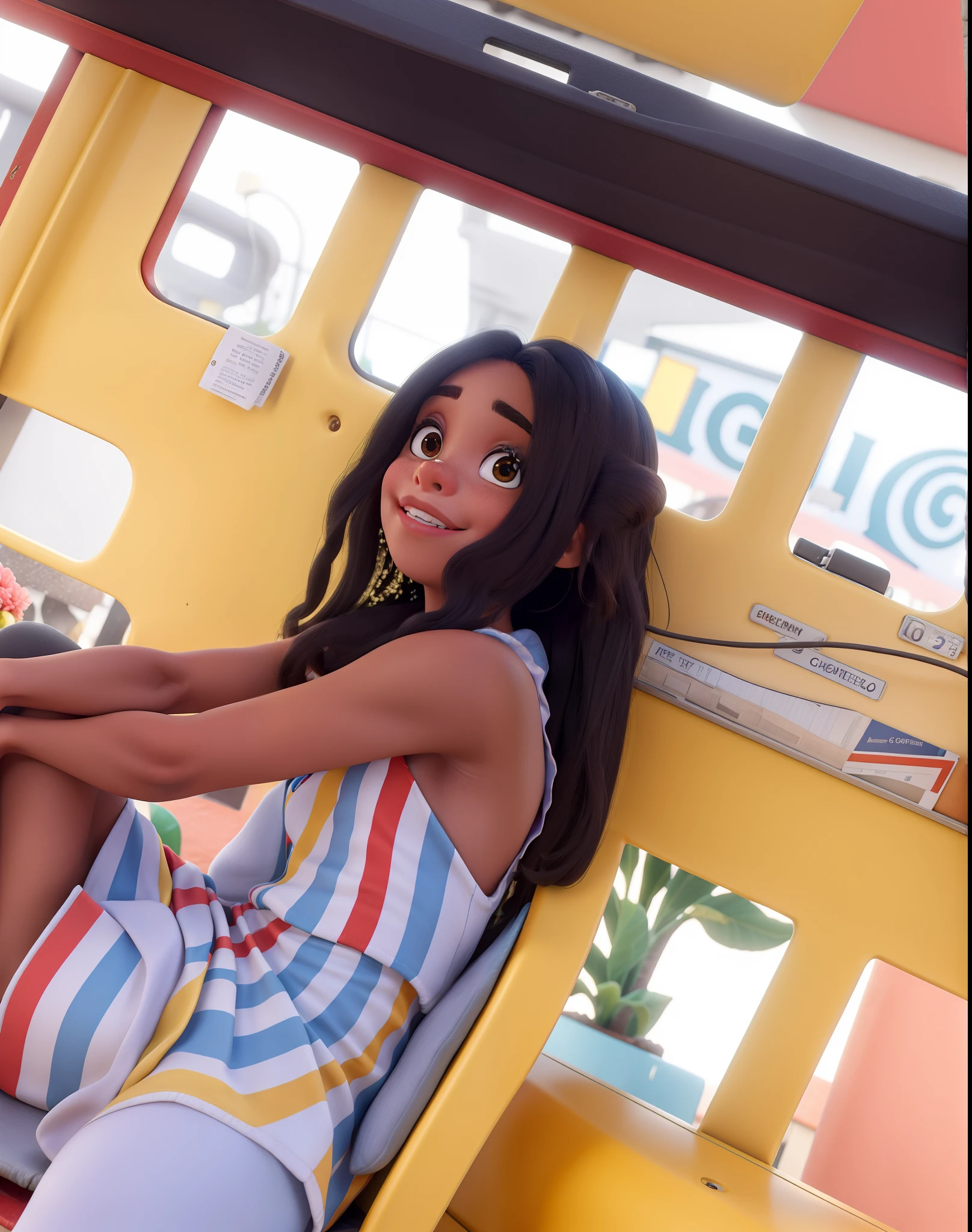 There's a girl sitting on a yellow bench in a room, Menina morena de pele clara, ela tem cerca de 10 anos de idade, cabelos cacheados claros, taken in the early 2020s, Beautiful girl, taken with the best dlsr camera, tomada em 2 0 2 0, divertindo-se.