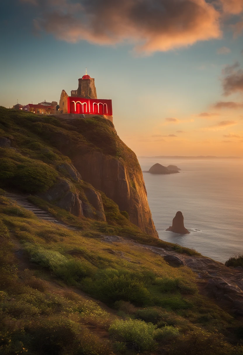 Casal sentado numa pedra com um morro ao fundo, estilo Pixar, com placa luminosa escrita"M&M"