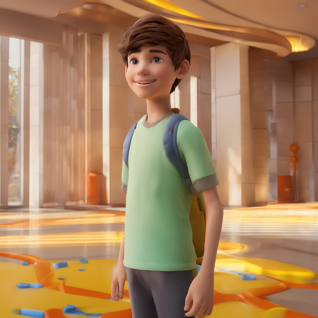 Lucas is a smiling 15-year-old human boy, Stand in the lobby on the first floor