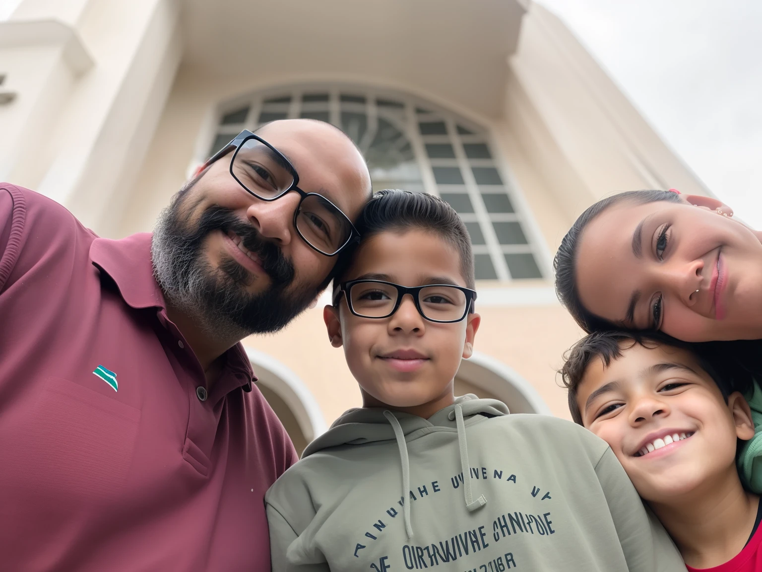 There are three people and a  posing for a photograph, holiday photography, tomada em 2 0 2 0, Retrato Grande Angular, papai, Family photo, divertindo-se, Directed by: Alexander Fedosav, fotografia do perfil, tirado no iphone 14 pro, fotografia retrato, imagem de perfil, fotografia de perfil, fotografia, fotografia de perfil, fami, vista de baixo