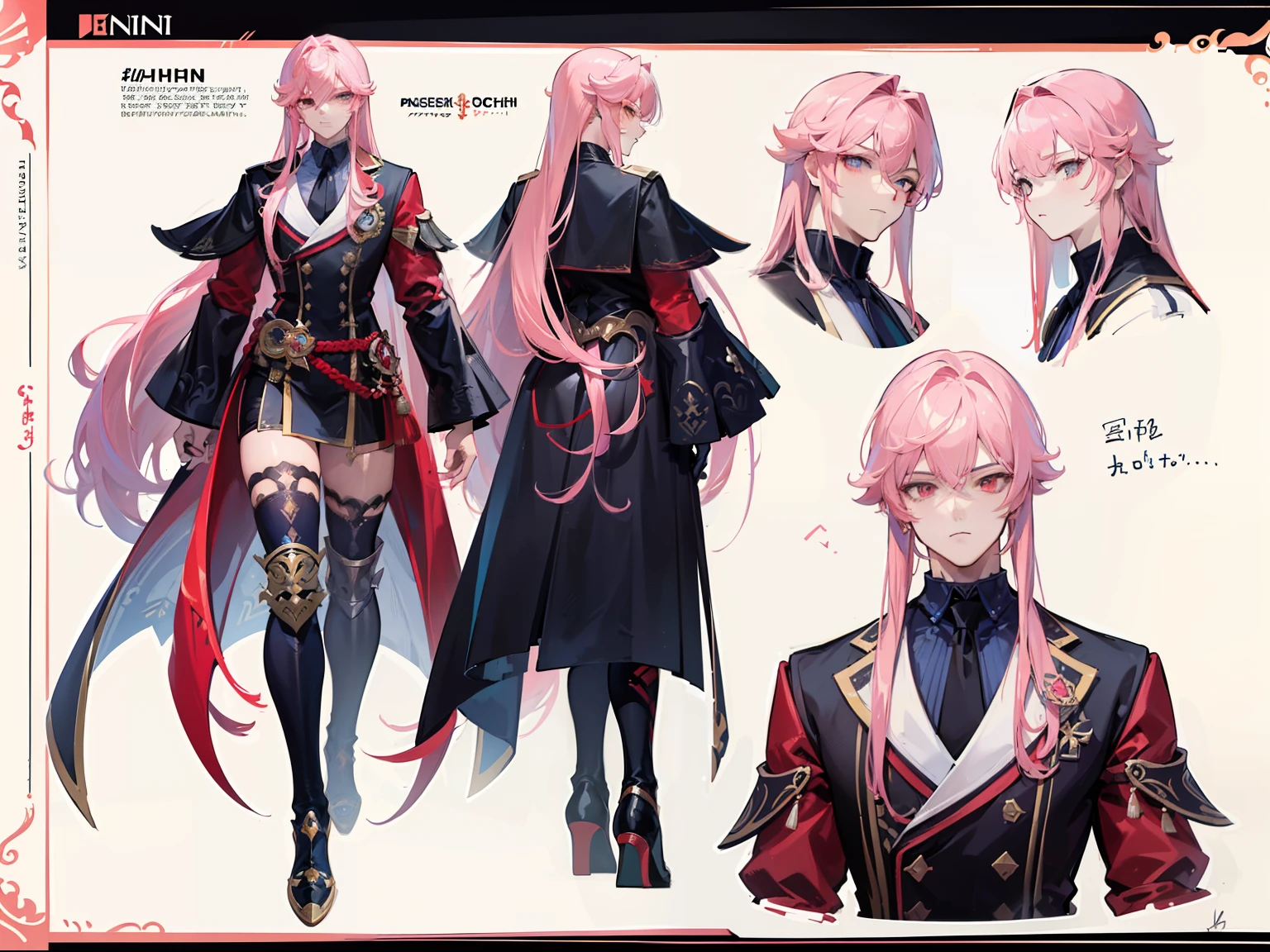 ((Masterpiece, Highest quality)), Male, boy, Detailed face, character design sheet, full bodyesbian, Full of details, frontal body view, back body view, Highly detailed, Depth, Many parts, Muscle boy with long pink hair with long bangs,handsome man, muscle body, vampire outfit clothes, Genshin Impact, man tall