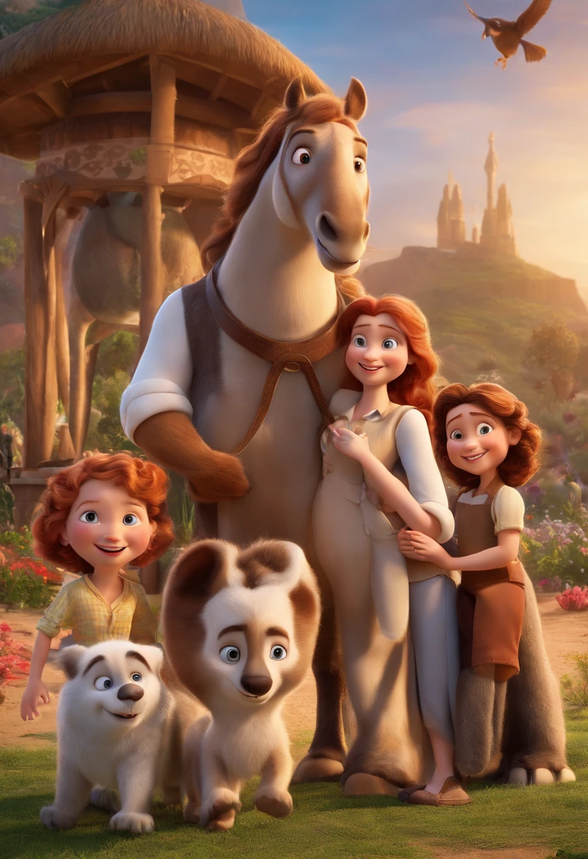 a Disney Pixar movie poster showing a white-skinned family. The father is the tallest, Tem barba curta, loiro, cabelos curtos e espinhosos. The mother has brown eyes and hair, shoulder-length and is slightly overweight. A menina tem 4 anos e cabelos castanhos, roupa rosa e rabos de cavalo. The background is a beach garden. 3D-rendering