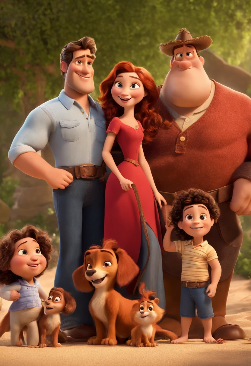 a Disney Pixar movie poster showing a white-skinned family. The father is the tallest, Tem barba curta, loiro, cabelos curtos e espinhosos. The mother has brown eyes and hair, shoulder-length and is slightly overweight. A menina tem 4 anos e cabelos castanhos, roupa rosa e rabos de cavalo. The background is a beach garden. 3D-rendering
