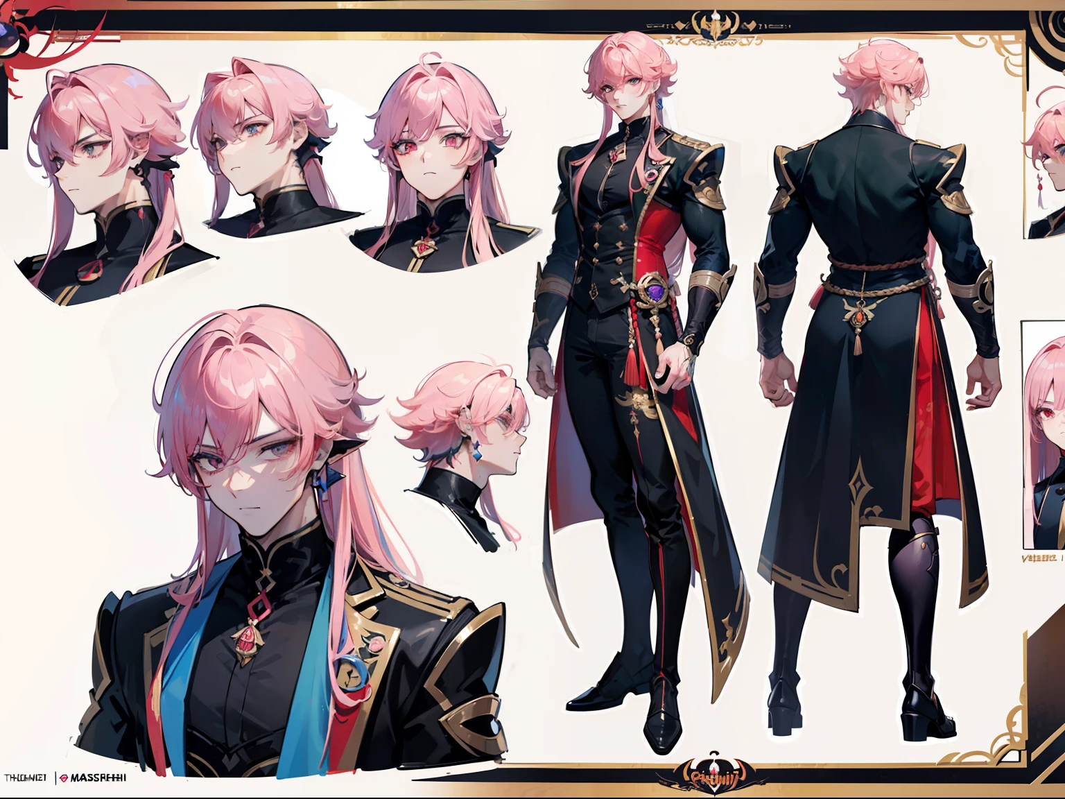 ((Masterpiece, Highest quality)), Male, boy, Detailed face, character design sheet, full bodyesbian, Full of details, frontal body view, back body view, Highly detailed, Depth, Many parts, Muscle boy with long pink hair with long bangs,handsome man, muscle body, vampire outfit clothes, Genshin Impact, man tall