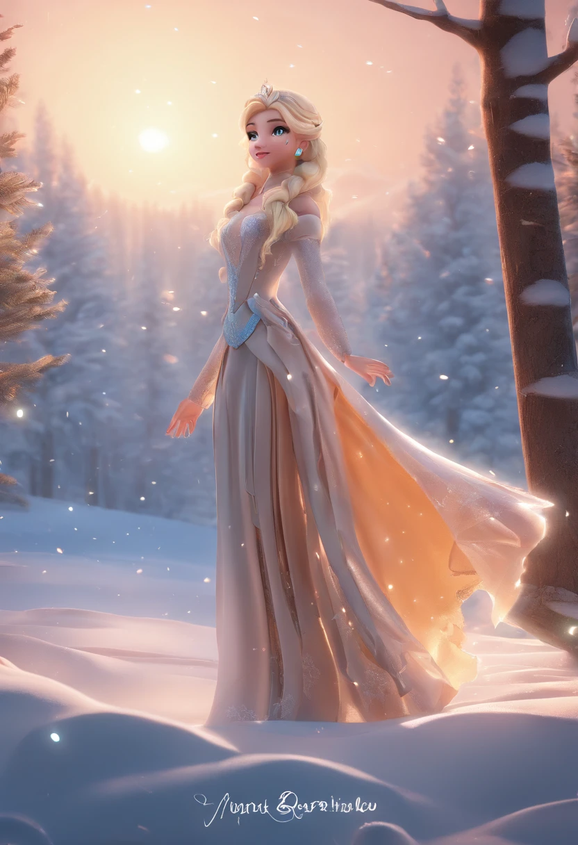 (best quality,masterpiece:1.2,photorealistic,ultra-detailed,CG,8k wallpaper),Chibi,Elsa,alone,full body,smiling,looking in viewer,outdoor,sparkling snowflakes,icy mountains,beautiful winter landscape,magical atmosphere,blue and white color palette,vibrant colors,soft lighting.