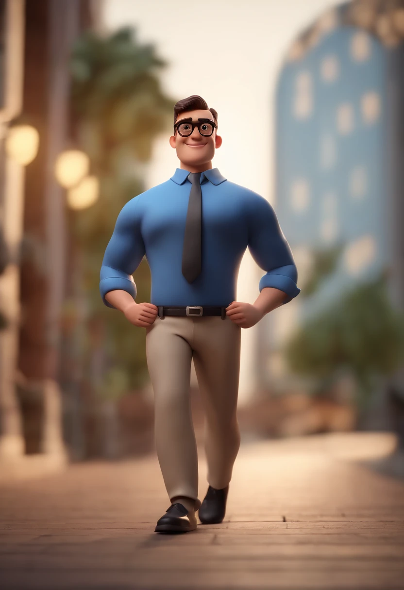 Cartoon character of a man wearing black glasses and a blue shirt, um personagem animado, Caractere estilizado, animation style rendering, 3D estilizado, Arnold Maya render, 3 d render stylized, toon render keyshot, Personagem 3D, Personagem 3D, 3d rendering stylized, 3 d character render, personagem de desenho animado, Personagem de close up, Pose de personagem, (Estilo Pixar) (master part:1.2) (Bokeh) (best quality) (pele detalhada) (textura detalhada) (8k) (argila) (Cinematic lighting) (foco nítido,Senta e vaza a parte superior do corpo