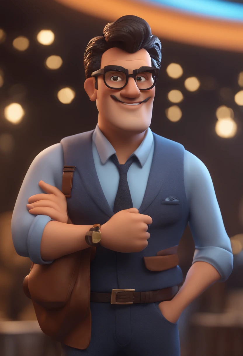 Cartoon character of a man with black glasses and a blue shirt, animation character, Caractere estilizado, animation style rendering, 3D estilizado, Arnold Maya render, 3 d render stylized, toon render keyshot, Personagem 3D, Personagem 3D, 3d rendering stylized, 3 d character render, personagem de desenho animado, Personagem de close up, Pose de personagem,  (Estilo Pixar) (master part:1.2) (Bokeh) (best quality)meio gordo e carca com barba meio castanho e grisalho (pele detalhada) (textura detalhada) (8k) (argila) (Cinematic lighting) (foco nítido