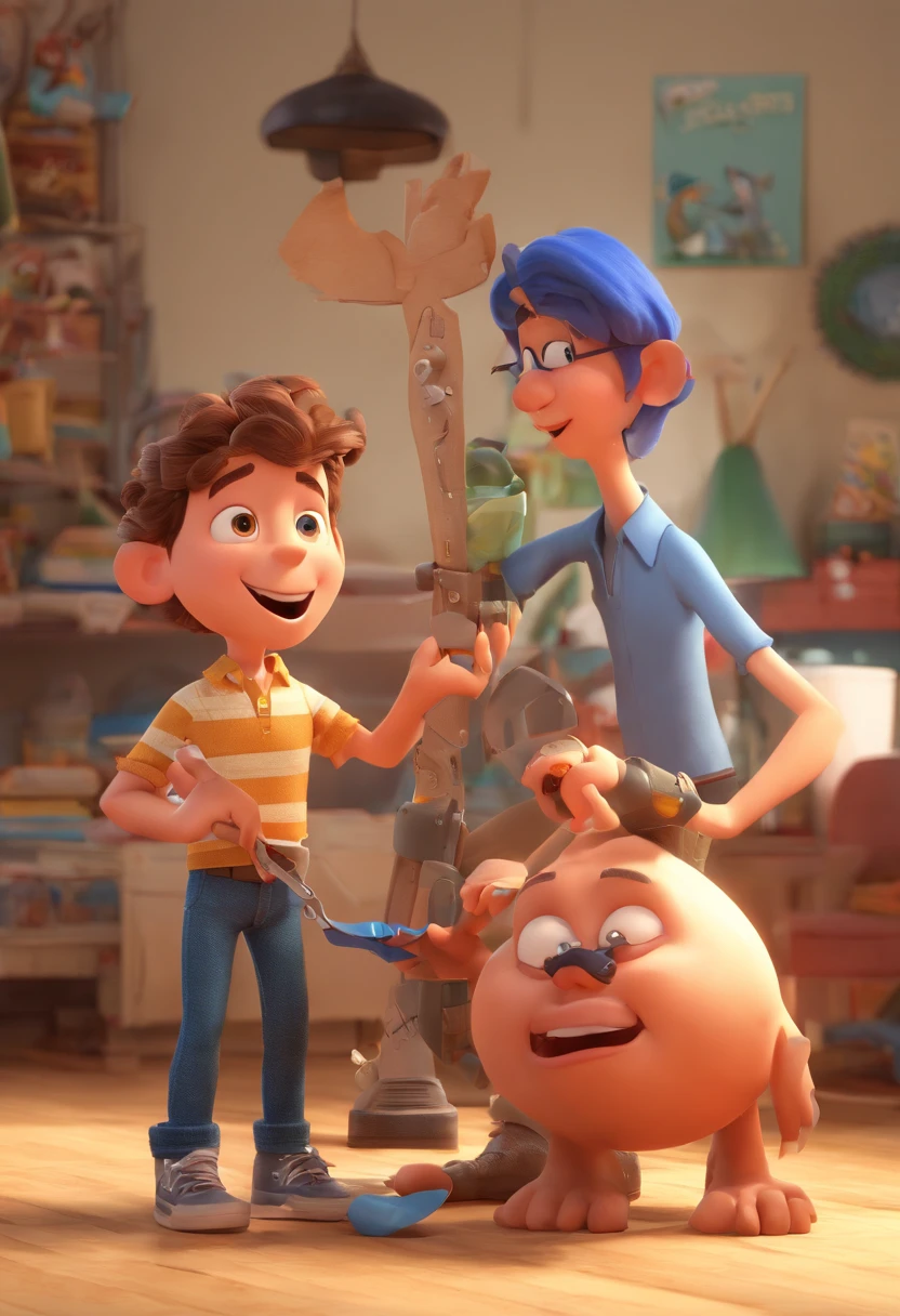 Estilo Pixar: The grown man is holding a naked blue-eyed boy and in his other hand he is holding a pair of scissors and is trying to cut off the boy's testicles,3D Poster,Disney