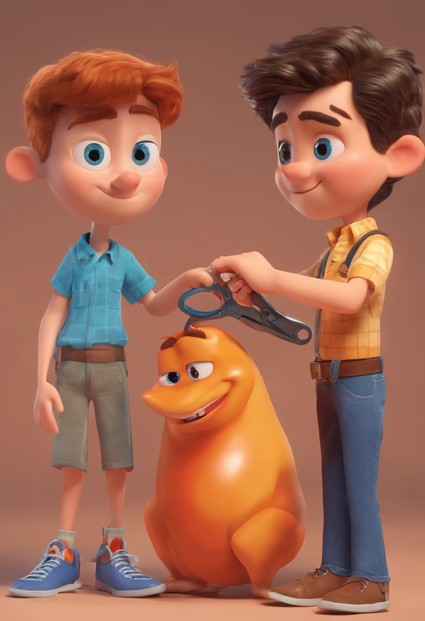 Estilo Pixar: The grown man is holding a naked blue-eyed boy and in his other hand he is holding a pair of scissors and is trying to cut off the boy's testicles,3D Poster,Disney