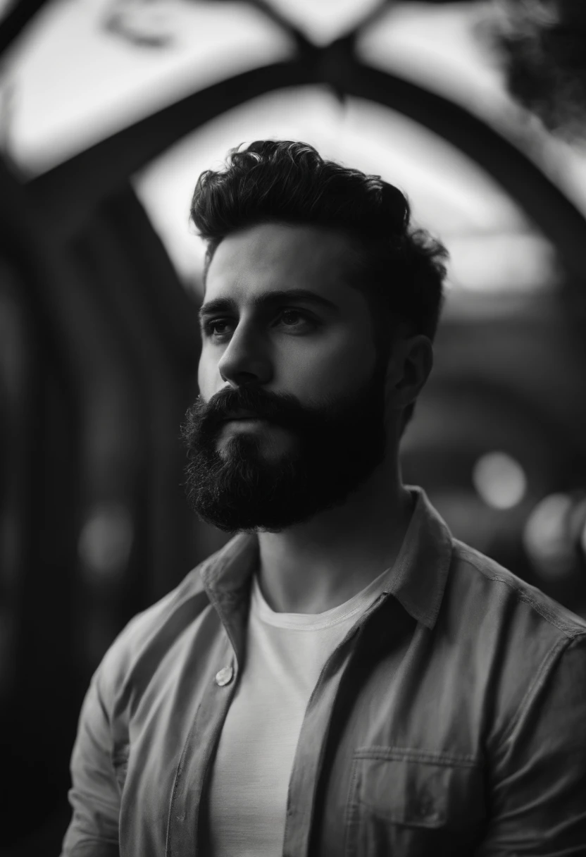 Um jovem branco estudioso cabelo e barba preta