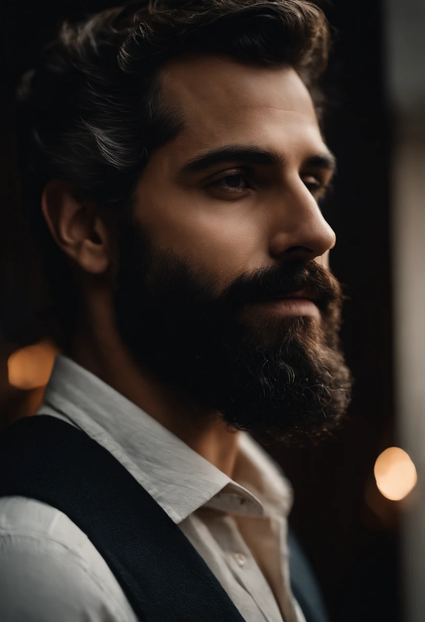 Um jovem branco estudioso cabelo e barba preta