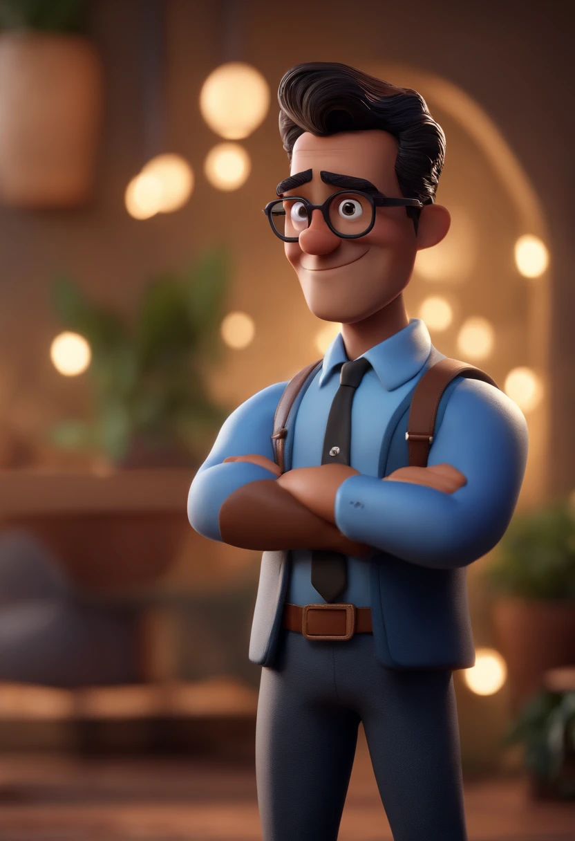 Cartoon character of a man with black glasses and a blue shirt, animation character, Caractere estilizado, animation style rendering, 3D estilizado, Arnold Maya render, 3 d render stylized, toon render keyshot, Personagem 3D, Personagem 3D, 3d rendering stylized, 3 d character render, personagem de desenho animado, Personagem de close up, Pose de personagem, (Estilo Pixar) (master part:1.2) (Bokeh) (best quality) (pele detalhada) (textura detalhada) (8k) (argila) (Cinematic lighting) (foco nítido