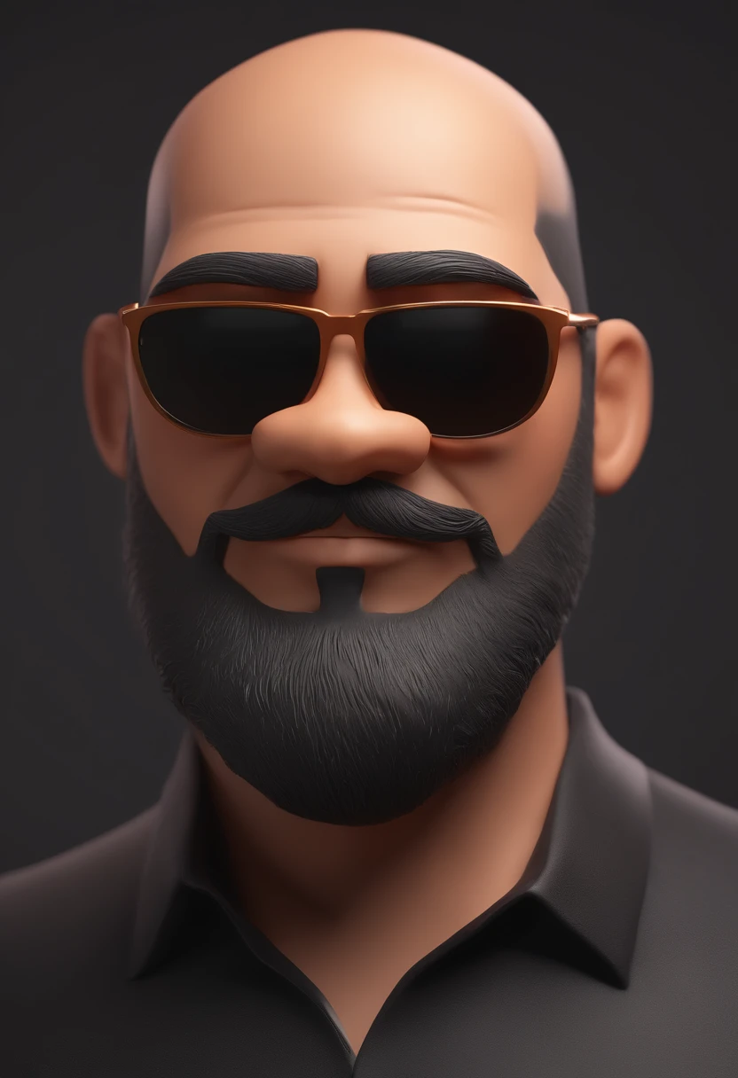 Cartoon character of a man with a shaved head and a big closed beard, with black glasses and black shirt, animation character, Caractere estilizado, animation style rendering, 3D estilizado, Arnold Maya render, 3 d render stylized, toon render keyshot, Personagem 3D, Personagem 3D, 3d rendering stylized, 3 d character render, personagem de desenho animado, Personagem de close up, Pose de personagem, (Estilo Pixar) (master part:1.2) (Bokeh) (best quality) (pele detalhada) (textura detalhada) (8k) (argila) (Cinematic lighting) (foco nítido)