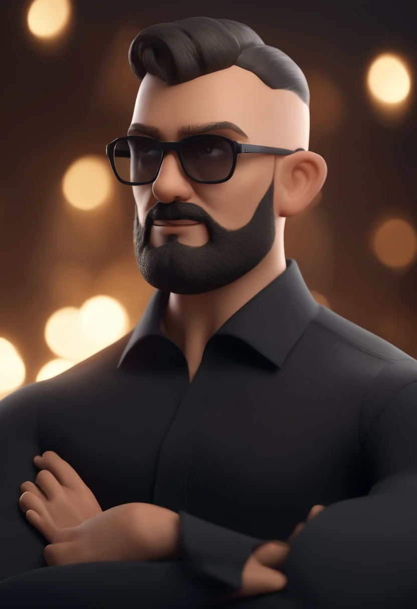 Cartoon character of a man with a shaved head and a big closed beard, with black glasses and black shirt, animation character, Caractere estilizado, animation style rendering, 3D estilizado, Arnold Maya render, 3 d render stylized, toon render keyshot, Personagem 3D, Personagem 3D, 3d rendering stylized, 3 d character render, personagem de desenho animado, Personagem de close up, Pose de personagem,  (Estilo Pixar) (master part:1.2) (Bokeh) (best quality) (pele detalhada) (textura detalhada) (8k) (argila) (Cinematic lighting) (foco nítido)