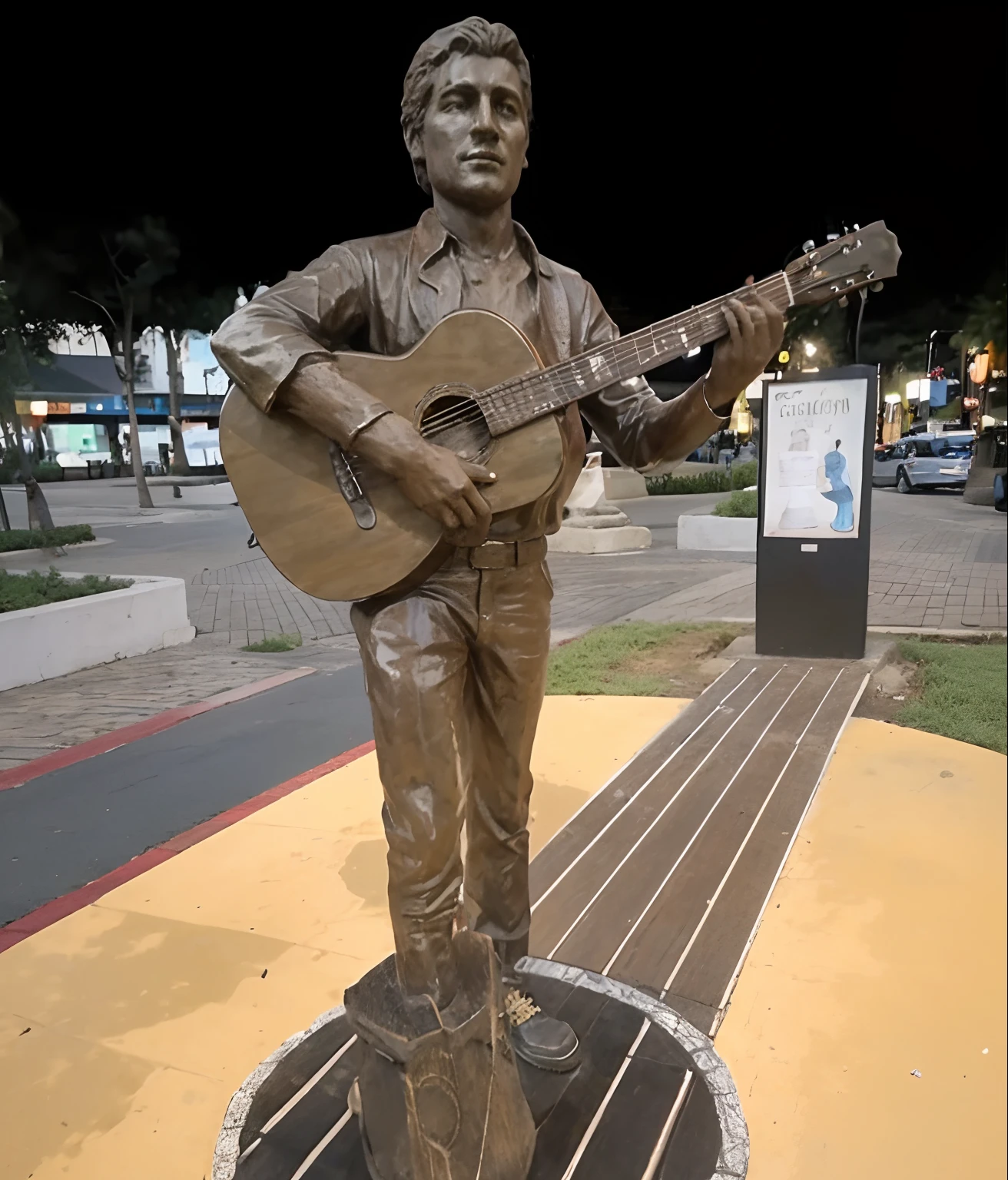 Statue of the singer Belmonte, Holding a guitar, while one foot is resting on a piece of trunk, utilizando o estilo de desenho da Pixar