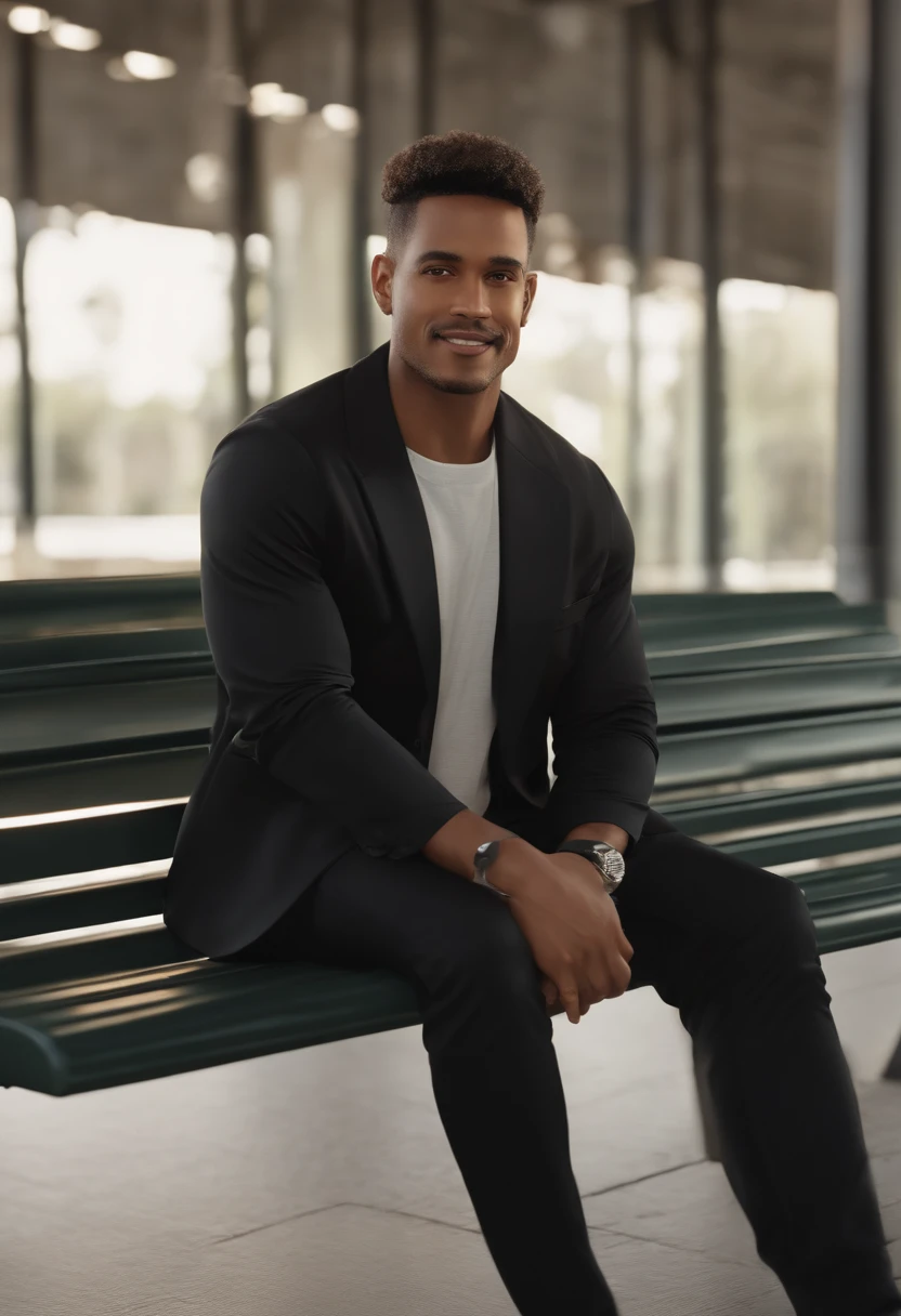 There is a man sitting on a bench with his arms crossed, em estilo de davey adesida, Album art, album photo, oi marca ( Akwaaba Tommy ), Riyahd Cassiem, com uma pose cool, taken in the early 2020s, Trend in Artstattion, pose estilosa, Directed by: Milton Menasco, trending artstayion, cabelos afro repartidos ao meio, rosto um pouco quadrado olhos um pouco puxados, nariz pequeno um pouco redondo nas pontas, Half Thick Eyebrows Animation Character, Caractere estilizado, animation style rendering, 3D estilizado, Arnold Maya render, 3 d render stylized, toon render keyshot, Personagem 3D, Personagem 3D, 3d rendering stylized, 3 d character render, personagem de desenho animado, Personagem de close up, Pose de personagem, (Estilo Pixar) (master part:1.2) (Bokeh) (melhor qualidade) (pele detalhada) (textura detalhada) (8k) (argila) (Cinematic lighting) (foco nítido