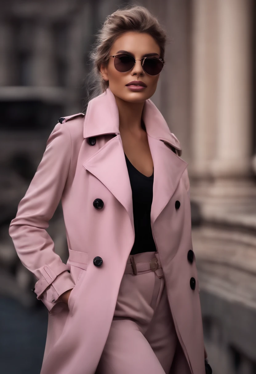 4k, Realistic, alto detalhamento, super olhos detalhados, roupas de moda, trenchcoat rosa, boina francesa, black pants with belt, cabelos longos, na cidade, cabelo rosa, Purple eyes, Yae Miko, wearing trendy sunglasses,