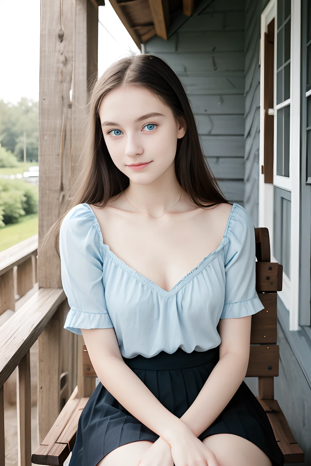 A young girl from Northern Europe, 18 years old, light blue eyes, happy, cute face, pale skin, black hair, eyeliner, thin nose, wearing a neckline, wooden house porch, sitting on a wood chair