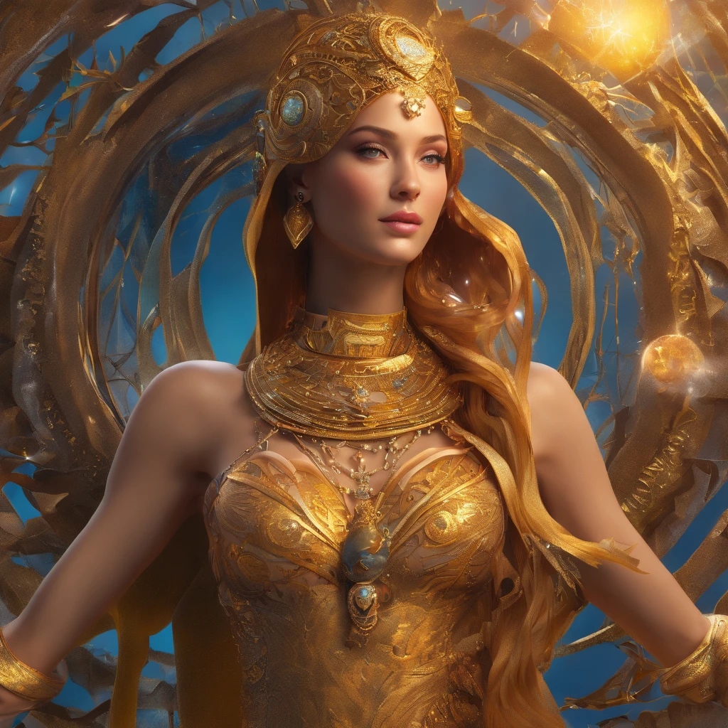 (A beautiful ornate female sand goddess cinematic, vestido dourado, tatuagem dourada do brilho), (Galactic Shaman with Quantum Energy Fantasy), magia de fantasia, penteado longo, noite escura clara, intrincado, Ethereal, foco nítido, illustration, altamente detalhado, pintura digital, arte conceitual, Fosco, (arte por wlop), (Directed by: Justin Gerard e Jason Edmiston: 1.5), (Directed by: Greg Rutkowski: 0.4), (Directed by: Alphonse Mucha: 0.4), master part