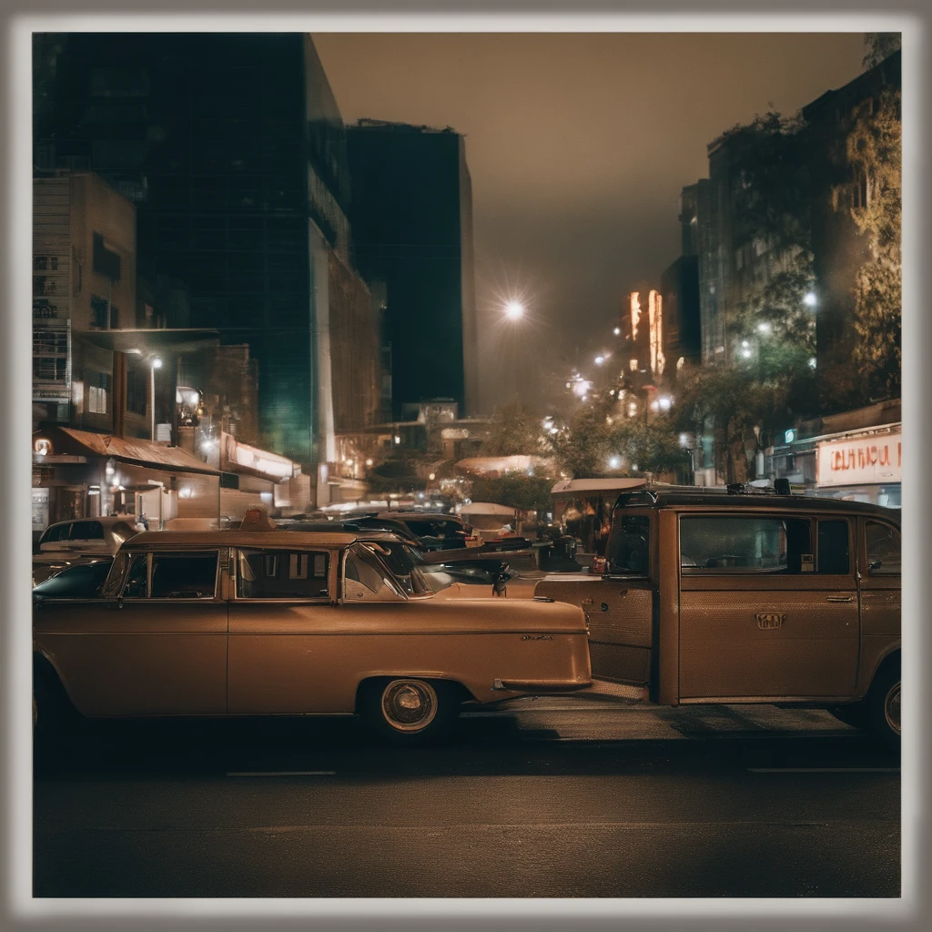 It is situated in the night view of the city of Seoul. Shimmering buildings, Lanternas traseiras em carros, The movement of people is represented with a distant horizon. no centro, A boy is depicted with his back to the night view. A cor geral adiciona um pouco de tons vintage