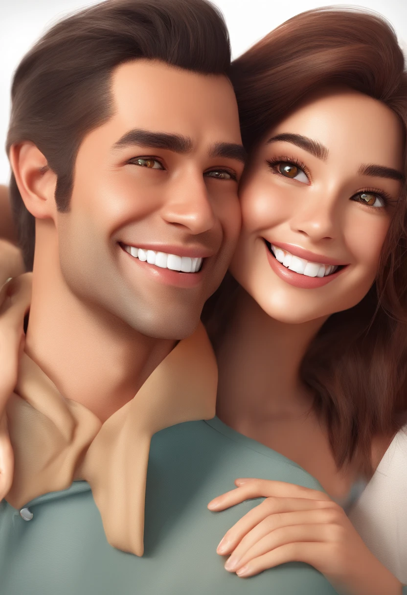 An illustration of an adorable couple, Destacando a un hombre mulato regordete sonriendo y a una mujer parda y con hermosos ojos expresivos: La piel del hombre es mulata y el cabello del hombre es corto, while the woman's skin is mulatto with freckles on her cheeks and the woman's hair is straight and brown. They are a bright room, Cada uno con una sonrisa en la cara, y compartir un momento especial caracterizado por el amor, Ideas. Illustrate this scene from a perspective where they look at the camera, Smile and show your connection. Desarrolla este arte en Full HD, Focus on your cinematic touch, Estilo de animaciones de Disney Pixar