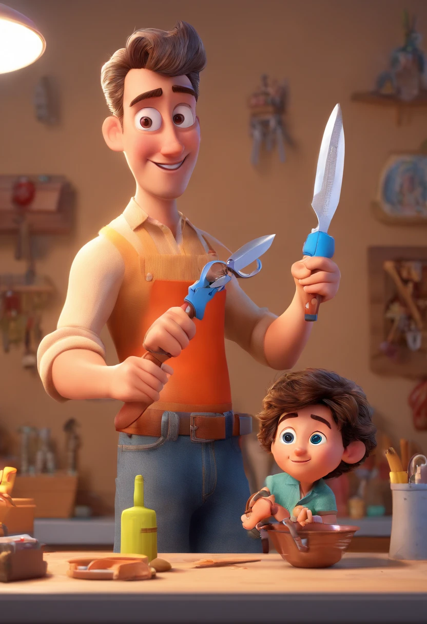 Estilo Pixar: The grown man is holding a naked blue-eyed boy and in his other hand he is holding a pair of scissors and is trying to cut off the boy's testicles,3D Poster,Disney