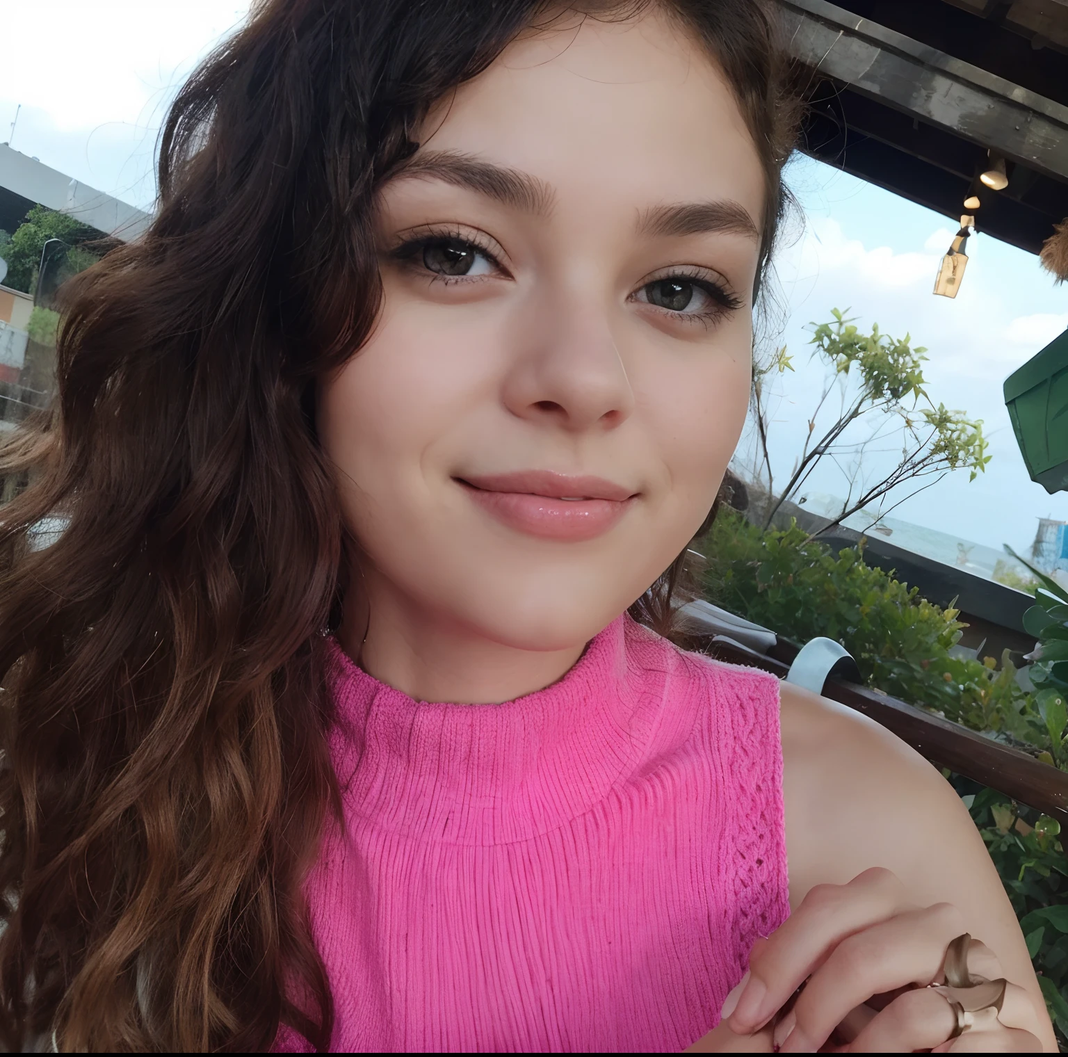 A beautiful girl with medium curly hair with bangs and dark brown, Dark eyes in jeans and white knitting smiling