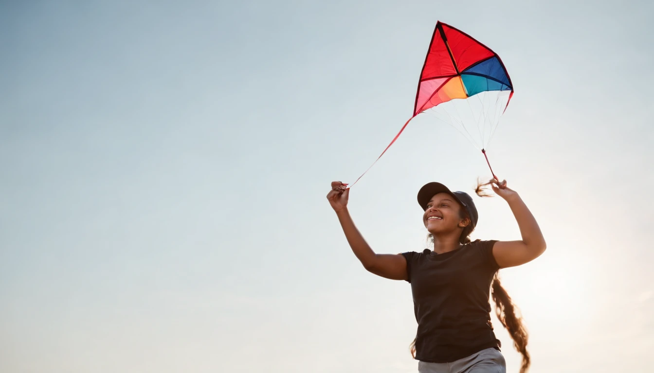 menino negro de periferia, with a cap and wearing Nike clothing, She's happy flying a kite