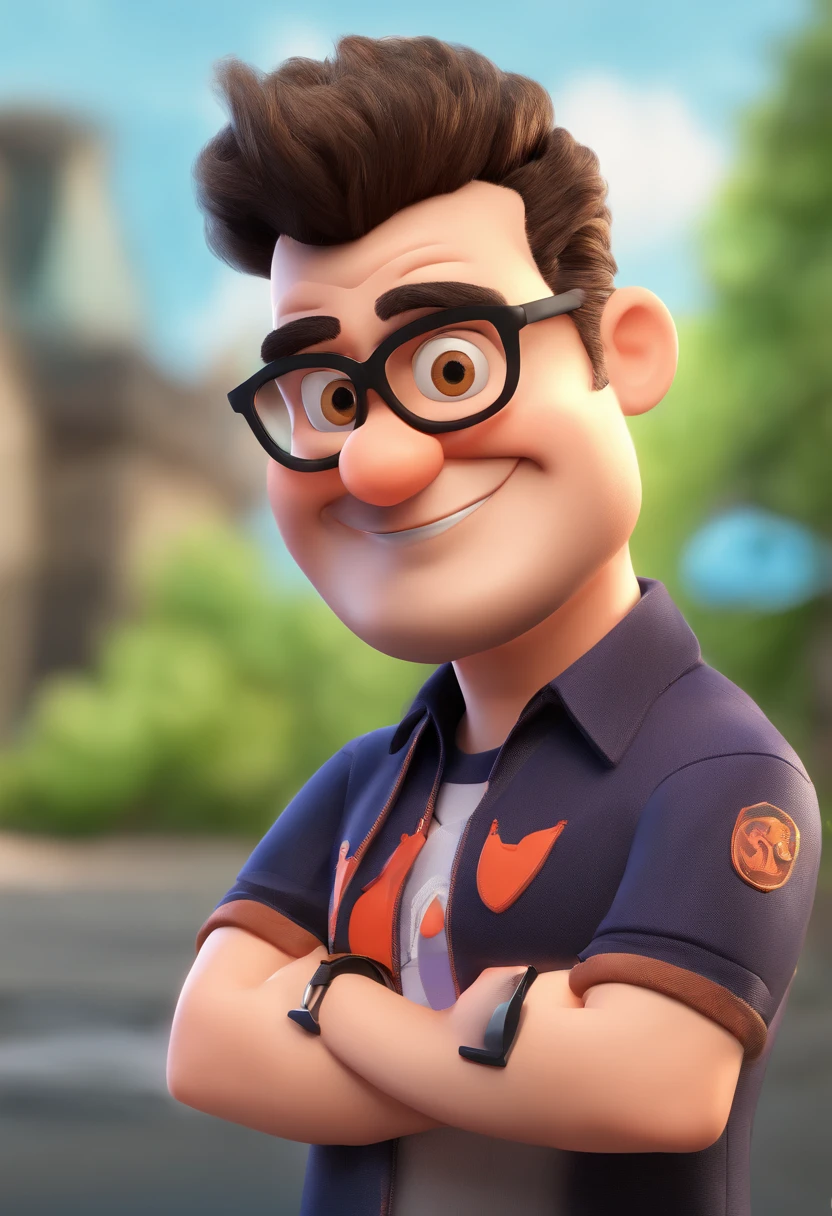 Cartoon character of a man wearing black glasses, barba, bigode, sorrindo, uma camiseta 
 preta, um personagem animado, Caractere estilizado, animation style rendering, 3D estilizado, Arnold Maya render, 3 d render stylized, toon render keyshot, Personagem 3D, Personagem 3D, 3d rendering stylized, 3 d character render, personagem de desenho animado, Personagem de close up, Pose de personagem, (Estilo Pixar) (master part:1.2) (Bokeh) (best quality) (pele detalhada) (textura detalhada) (8k) (argila) (Cinematic lighting) (foco nítido，Senta e vaza a parte superior do corpo