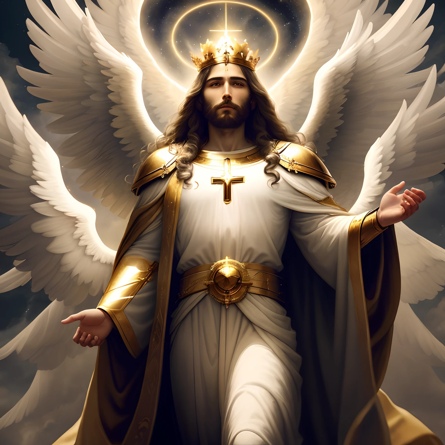 "Amidst the voluminous clouds, Jesus, the majestic king, sits gracefully adorned with a golden crown. In a wide shot, He is accompanied by His army of angels as He prepares to return triumphantly to Earth, surrounded by the ethereal radiance of volumetric light."