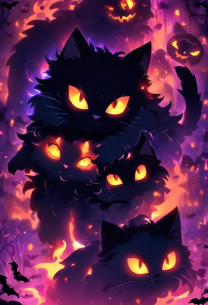 anime styled , Dream Cat, Halloween, ５Two different types of (（Halloween Cat Creature Character)), 8K,　High quality、 Dark Halloween Background