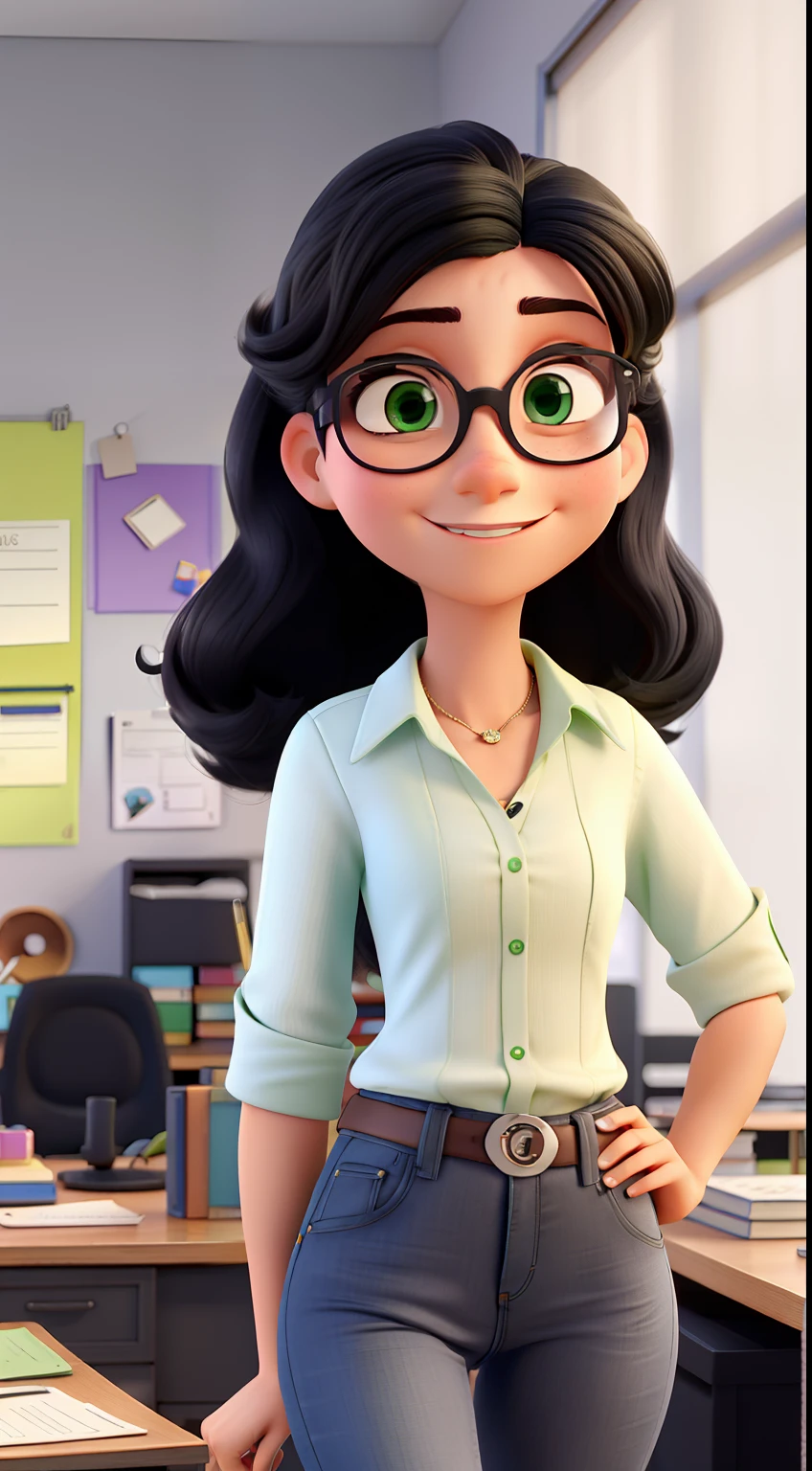 estilo pixar, mulher alta, magra, loira, cabelo liso, longo, olhos verdes, Black-rimmed glasses, wearing jeans, Working in a department with a desk full of outstanding work