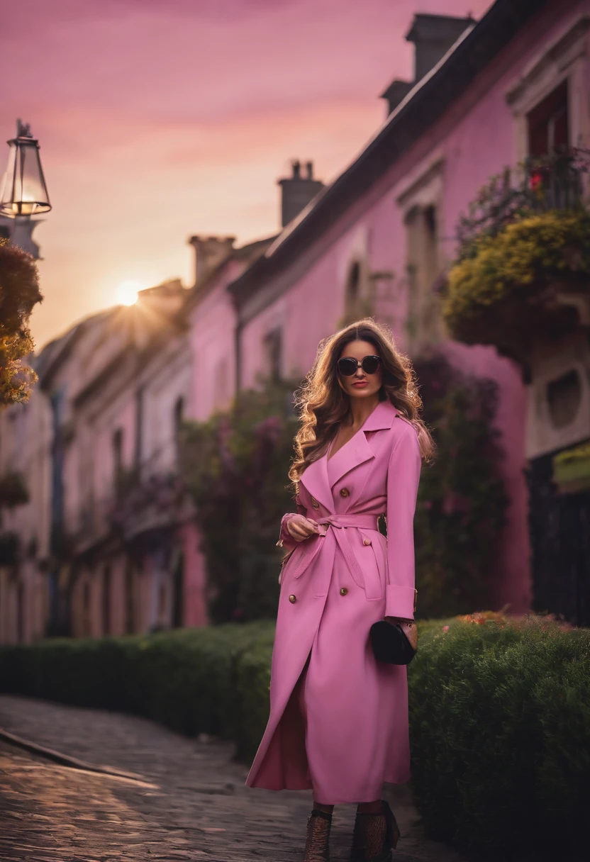4k, Realistic, alto detalhamento, super olhos detalhados, roupas de moda, trenchcoat rosa, boina francesa, black pants with belt, cabelos longos, na cidade,  cabelo rosa, Purple eyes, Yae Miko, wearing trendy sunglasses,