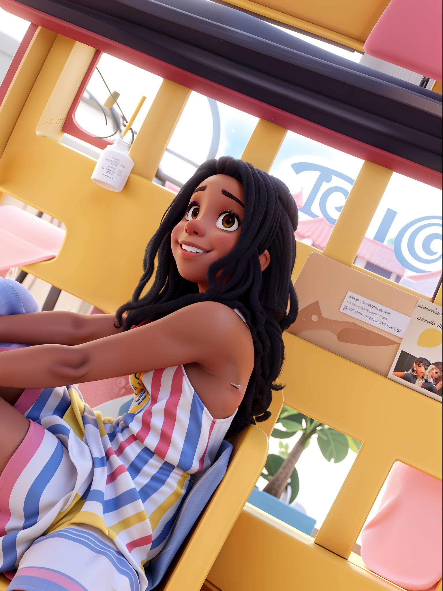 There's a woman sitting on a yellow bench in a room, Menina africana de pele clara, ela tem cerca de 1 6 anos de idade, Directed by: Samuel Silva, cabelos cacheados claros, taken in the early 2020s, Beautiful girl, taken with the best dlsr camera, tomada em 2 0 2 0, divertindo-se, menina adolescente, parecendo feliz