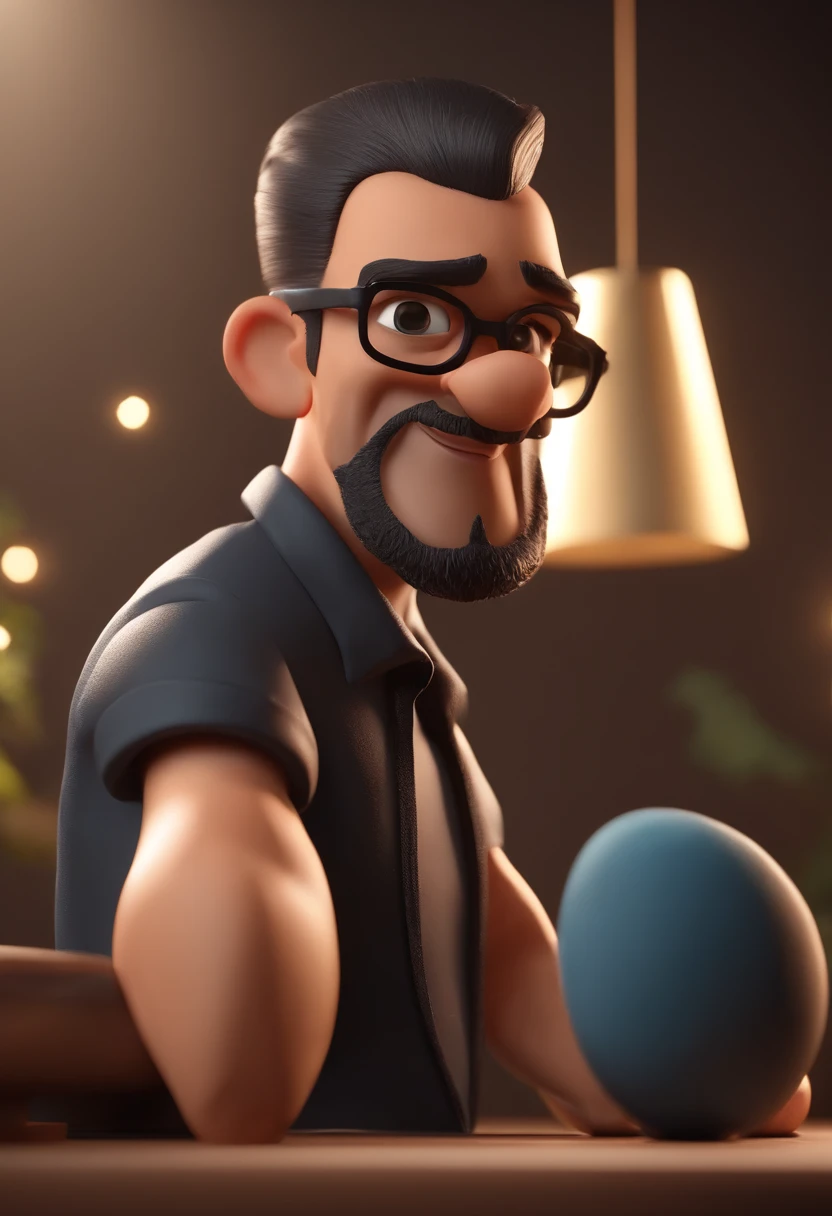 Cartoon character of a man with black glasses and a black polo shirt, cabelo liso, With beard and old school tattoo on his arm, animation character, Caractere estilizado, animation style rendering, 3D estilizado, Arnold Maya render, 3 d render stylized, toon render keyshot, Personagem 3D, Personagem 3D, 3d rendering stylized, 3 d character render, personagem de desenho animado, Personagem de close up, Pose de personagem, (Estilo Pixar) (master part:1.2) (Bokeh) (best quality) (pele detalhada) (textura detalhada) (8k) (argila) (Cinematic lighting) (foco nítido