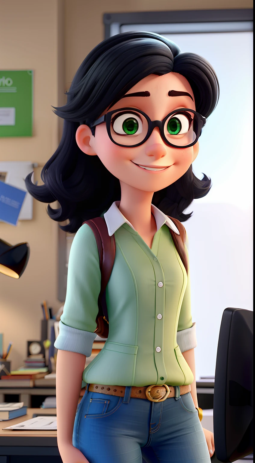estilo pixar, mulher alta, magra, loira,  cabelo liso, longo, olhos verdes, Black-rimmed glasses, wearing jeans, Working in a department with a desk full of outstanding work