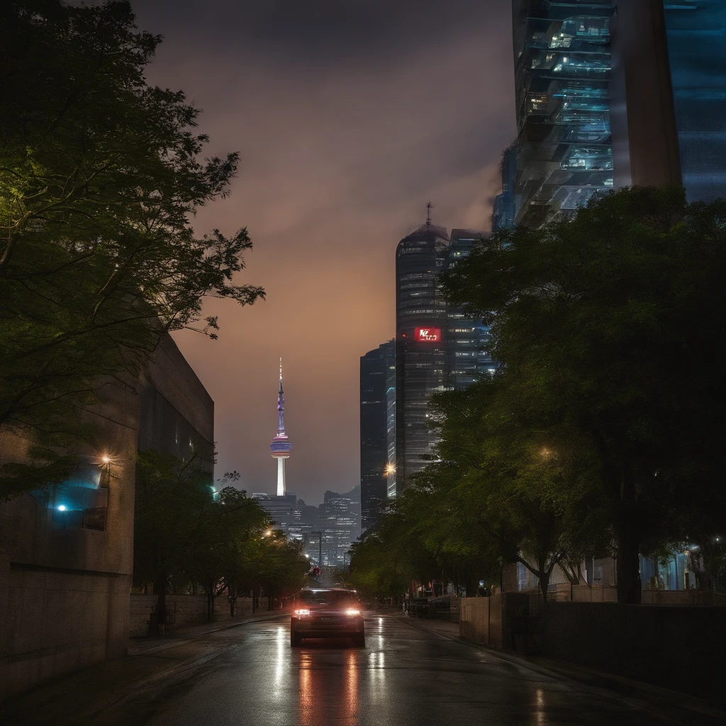 It is situated in the night view of the city of Seoul. Shimmering buildings, Lanternas traseiras em carros, The movement of people is represented with a distant horizon. no centro, A boy is depicted with his back to the night view. A cor geral adiciona um pouco de tons vintage