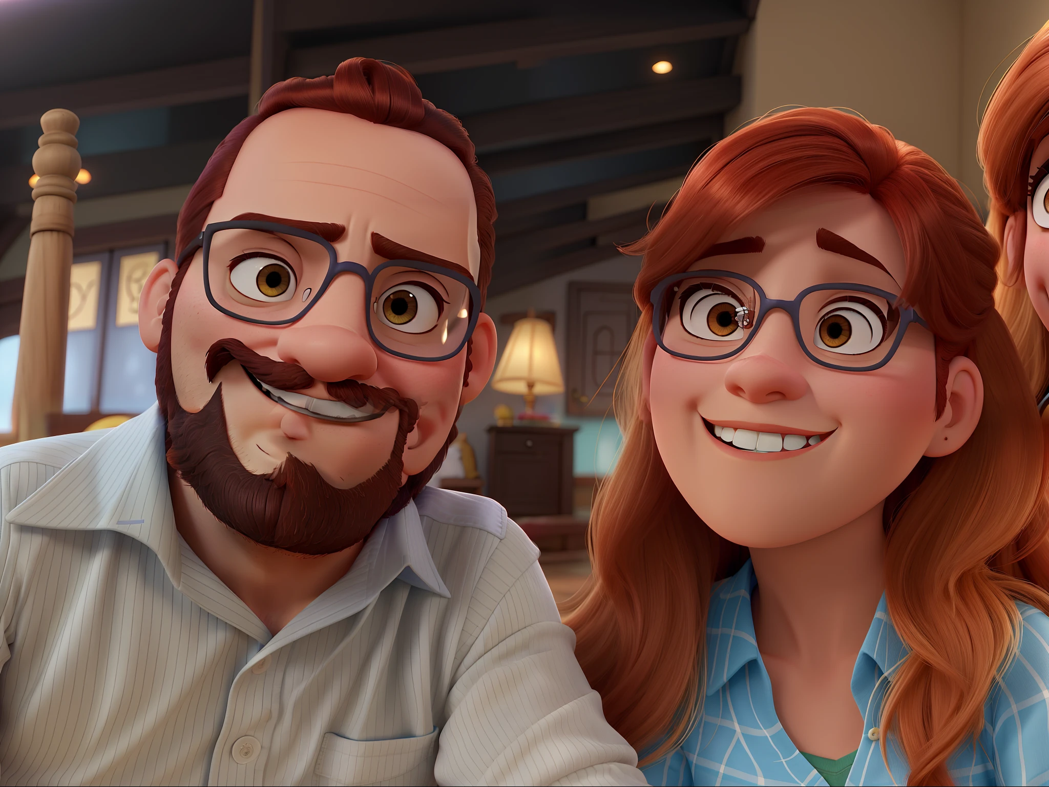 Casal estilo disney pixar melhor qualidade alta qualidade. Homem moreno cabelo curto liso e barba e mulher ruiva olhos castanhos claros cabelo curto liso